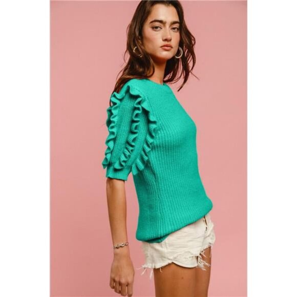 BiBi Solid Knit Ruffled Sleeves Top - Picture 1 of 3